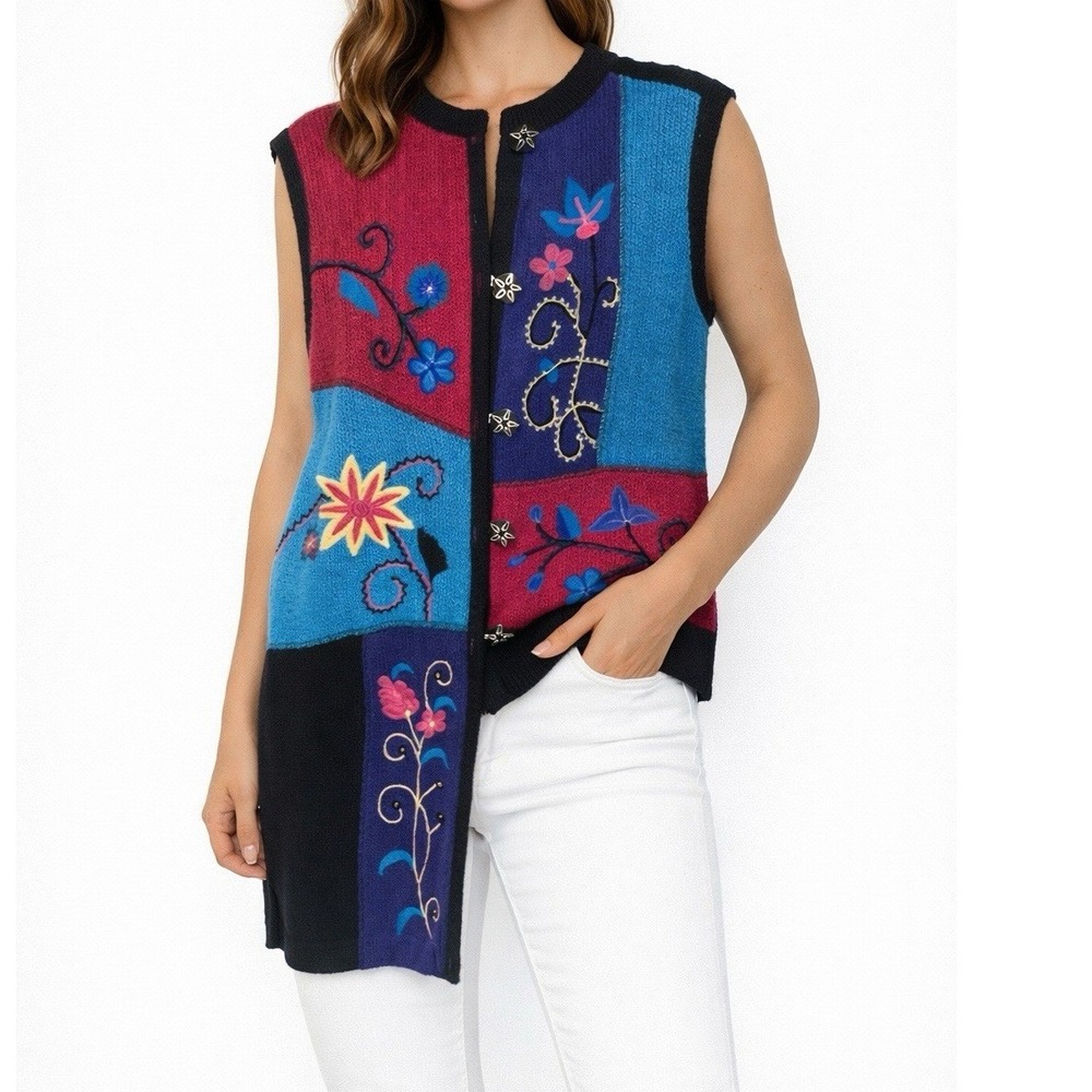 Indigo Moon Embroidered Patchwork Longline Sweater Vest Floral Beaded Multi L